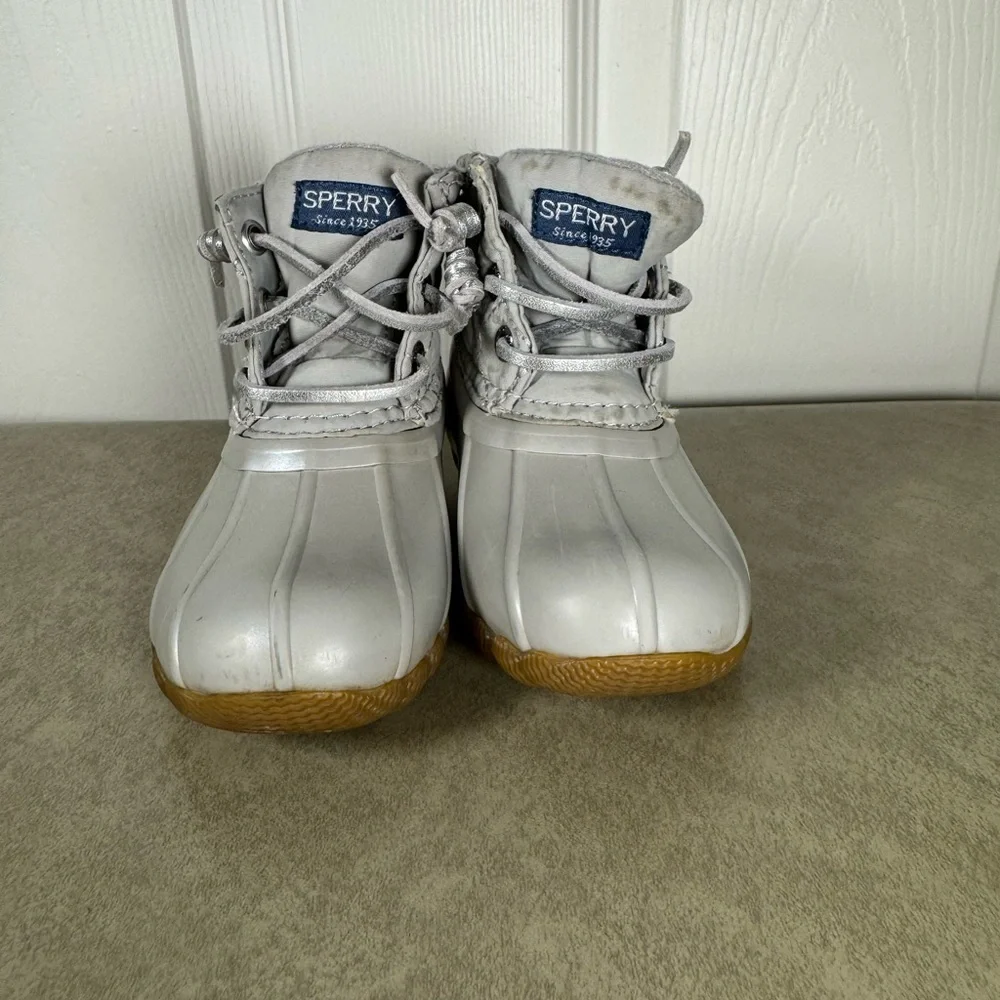 Sperry Silver Saltwater Duck Rain Boots Toddler Lace Up Metallic Size 6m